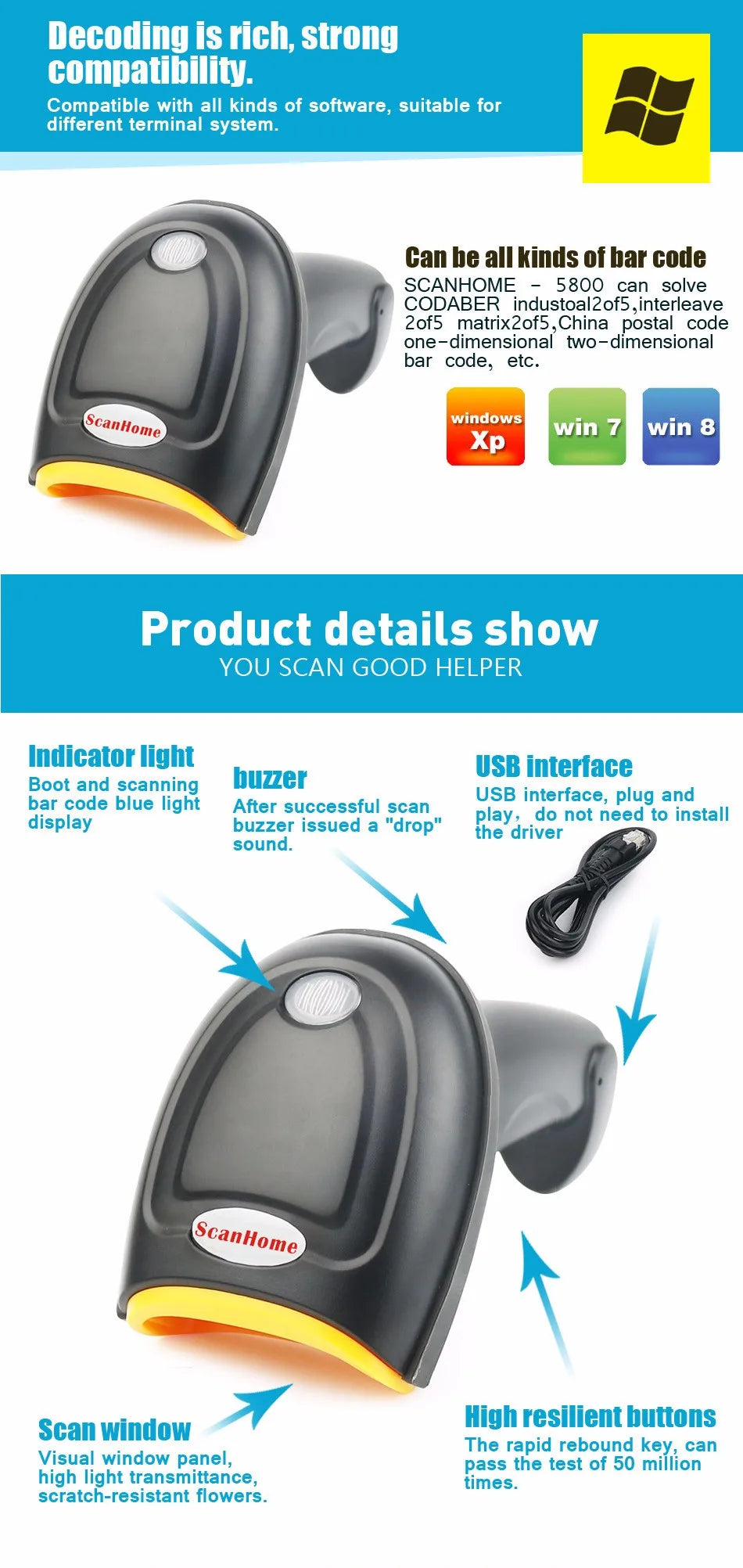 CHIYI 1D/2D Supermarket Handhel Barcode Bar Code Scanner Reader QR PDF417 Bluetooth 2.4G Wireless &Wired USB Platform