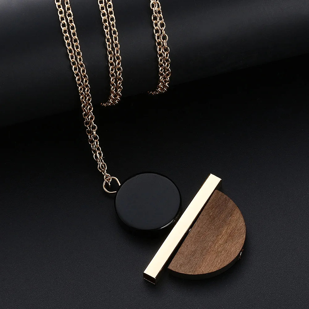 Geometric Circular Resin Wood Vintage Pendant Gold Alloy Chain Long Necklace Unisex Fashion Jewelry Pendant Necklace Free Ship
