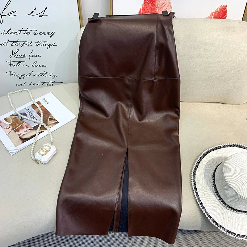 Vintage Faux PU Leather Hobble Skirts Women Sexy Bodycon Midi Skirts Hem Split Ladies Mermaid Skirt Party Clothes New Custom