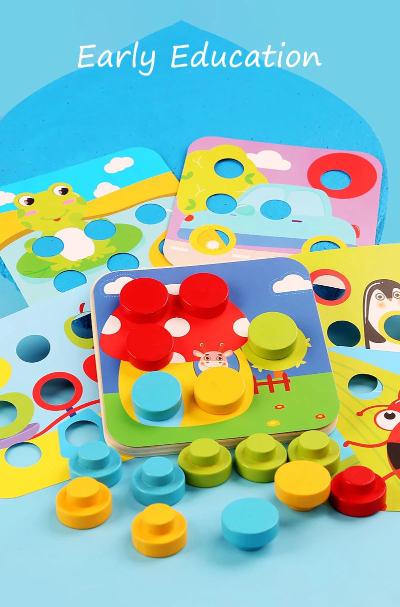 Mushroom Nail Art Puzzles Toy Kids Wooden Mosaic Pegboard Animal Color Matching Buttons Puzzles Game Montessori Educational Toys