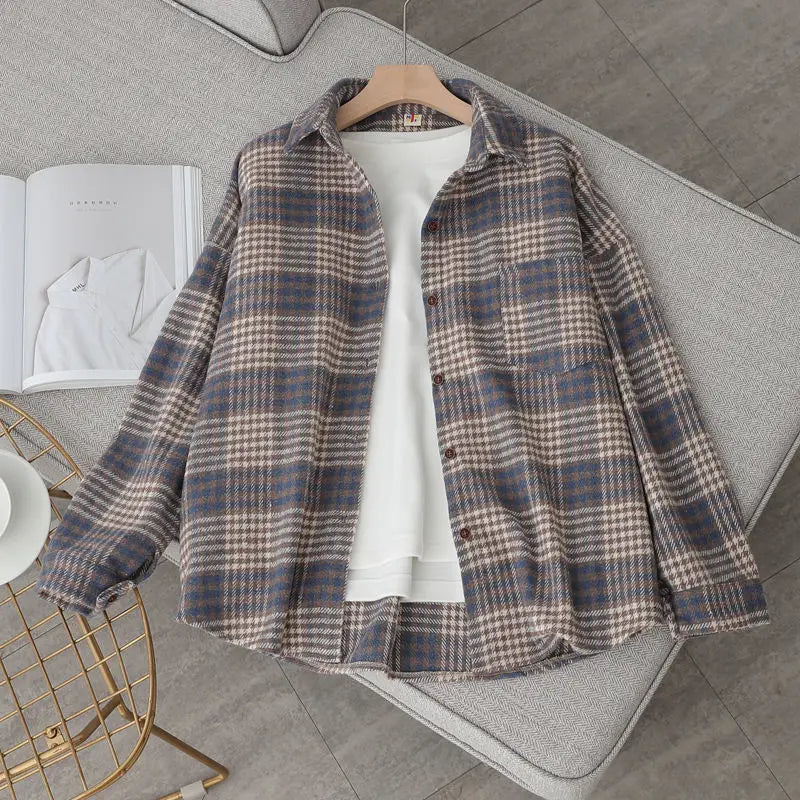 Blouse Women Shirt Retro Winter New Loose Woolen Coat Women's Long-Sleeved Plaid Shirt Blusas Ropa De Mujer