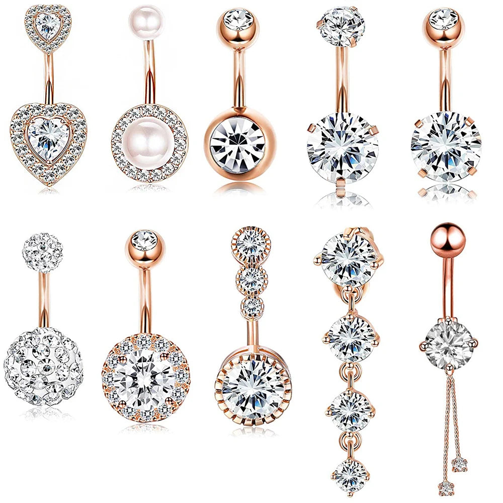 10 Styles Sexy Dangling Navel Belly Button Ring Oreja 14G Double Round Cubic Zirconia 316L Surgical Steel Belly Piercing Jewelry