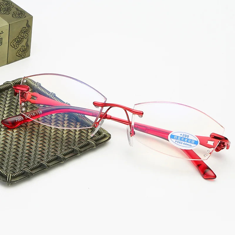 Fashion Women Red Pink  Rimless Oval Reading Glassses Trimming Lens Anti-blue Magnifier Diamond-set Eyewear For Computer