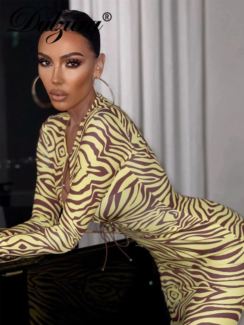 Dulzura Zebra Print Women Long Sleeve Lace Up Hollow Out Midi Dress Bodycon Sexy Streetwear Party Club Festival 2021 Clothes