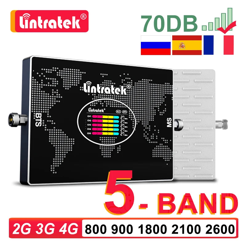 Lintratek 5 Five Band Repeater 800 900 1800 2100 2600 Mhz Cellular Amplifier GSM 2G 3G 4G Signal Booster LTE B7 B20 AGC Internet