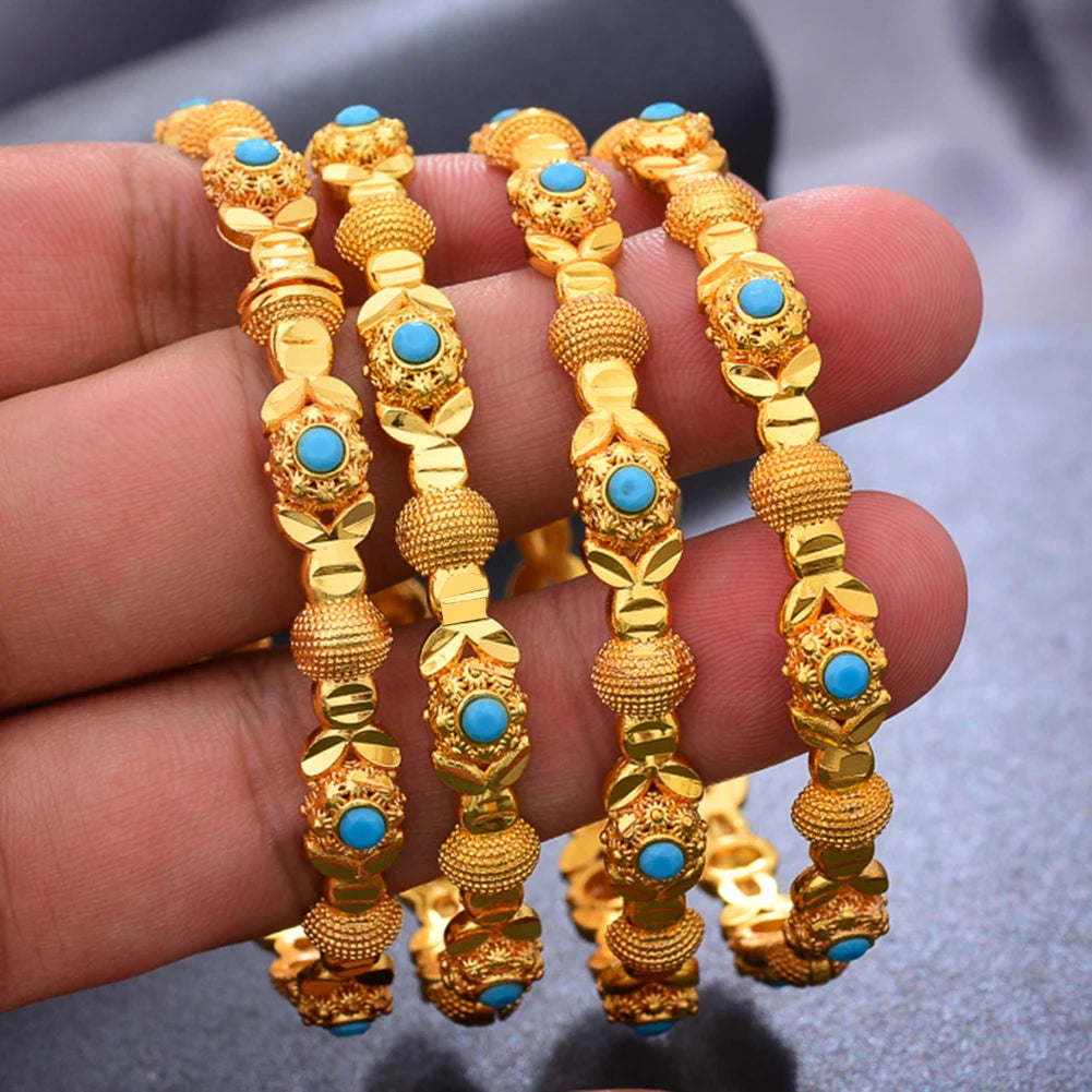 4pcs/Lot 24k Dubai Two Gold Color Bangles Bracelet For Women Girl African Eritrea Wedding Bridal Bangels Jewelry