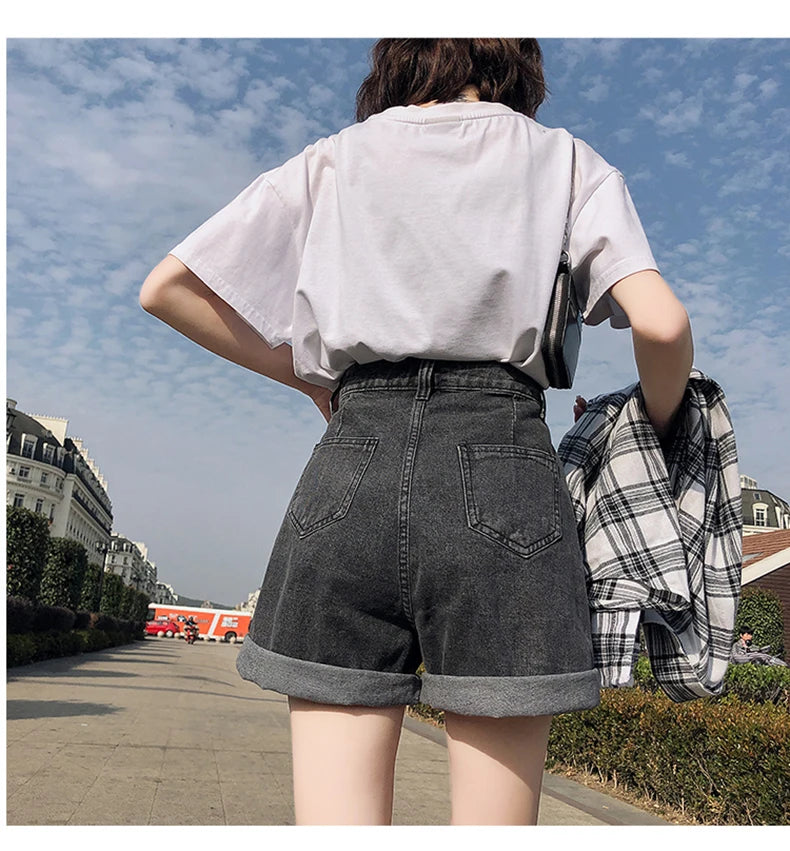FTLZZ New Summer Women High Waist Button Wigh Leg Jeans Shorts Casual Female Loose Fit Blue Denim Shorts
