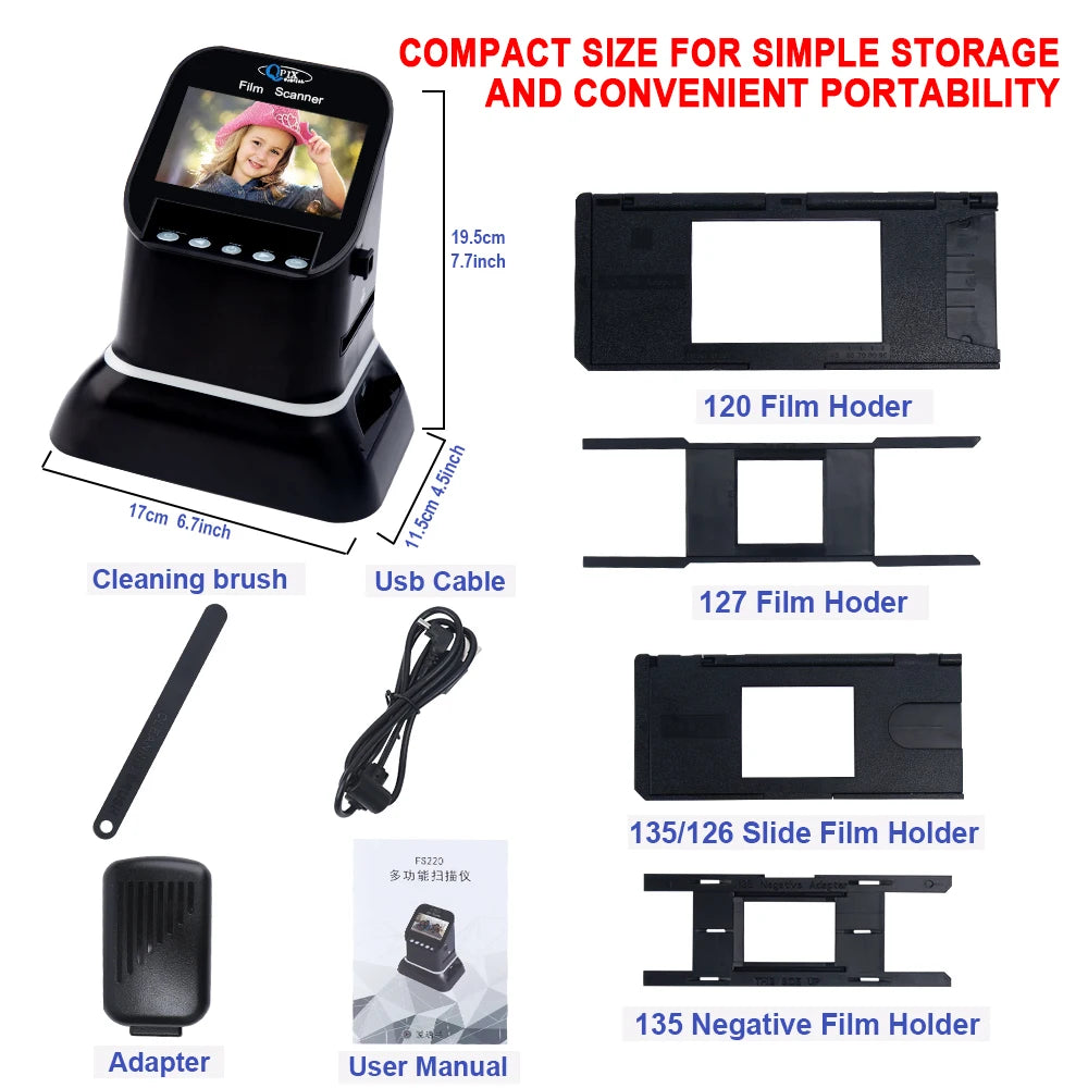 High Resolution 120 Film Scanner 22 Mega pixels Slide Negative Photo Scanner Digital 35mm 135 126KPK Film Converter 4.3"LCD