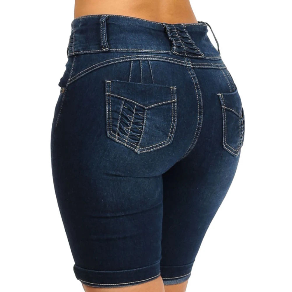 New Sexy Fashion Women Ladies Denim Skinny Shorts High Waist Stretch Bodycon Jeans Slim Shorts Knee Length Stretch Short Jeans