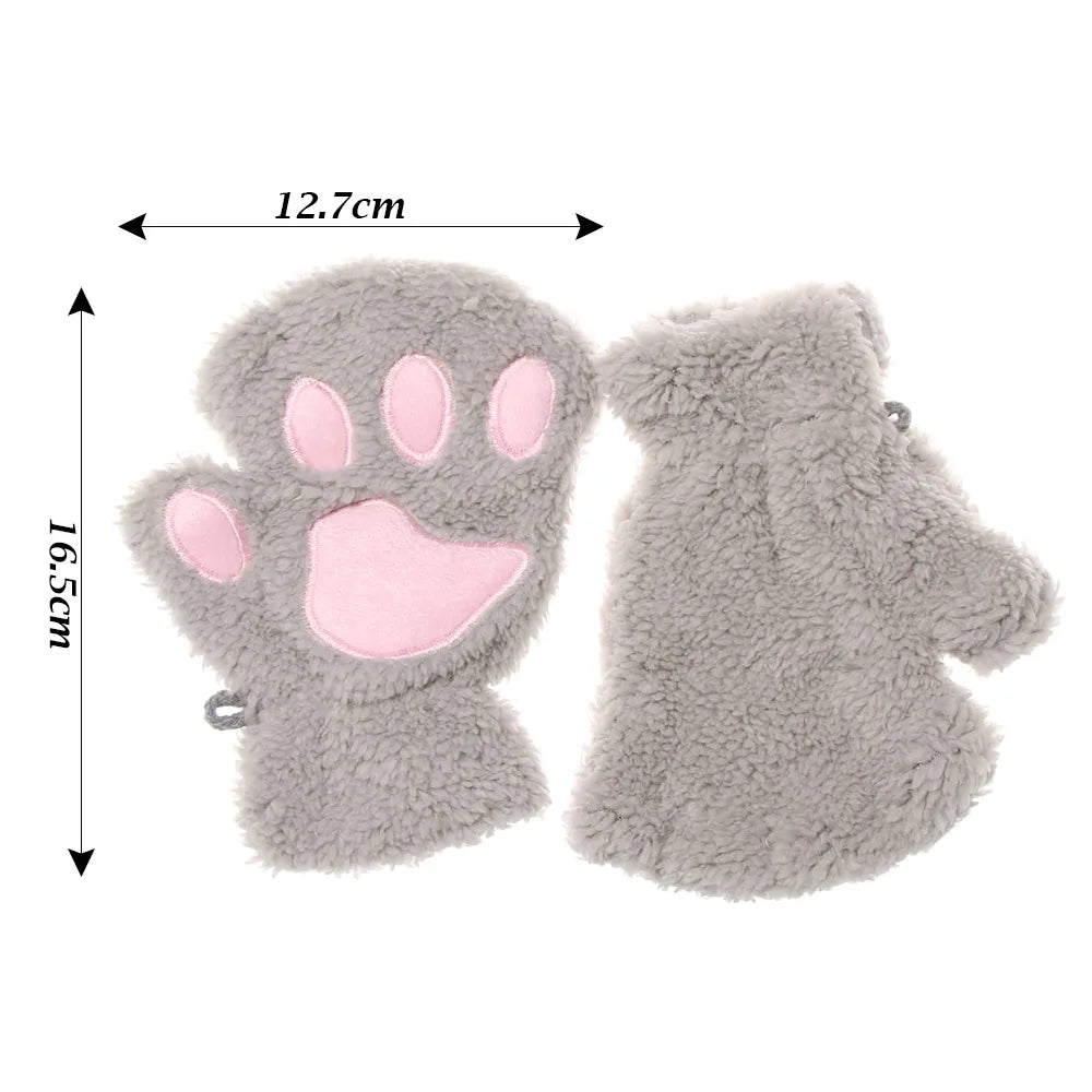 Cute Children Winter Gloves Warm Plush Fluffy Mittens Cat Paw Short Fingerless Gloves Girls Warm Half Finger Gloves