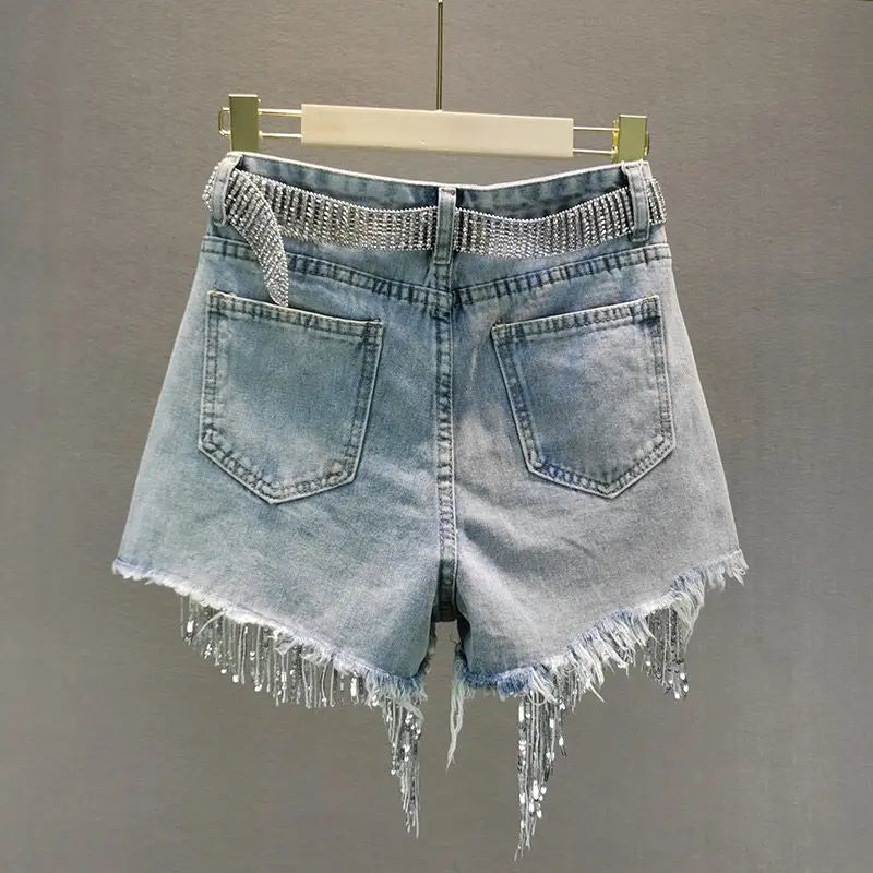 Summer Elegant Shorts Lady Tassel Beading High Waist Wide Leg Denim Shorts Female Casual Solid Shorts Jeans for Women Clothing