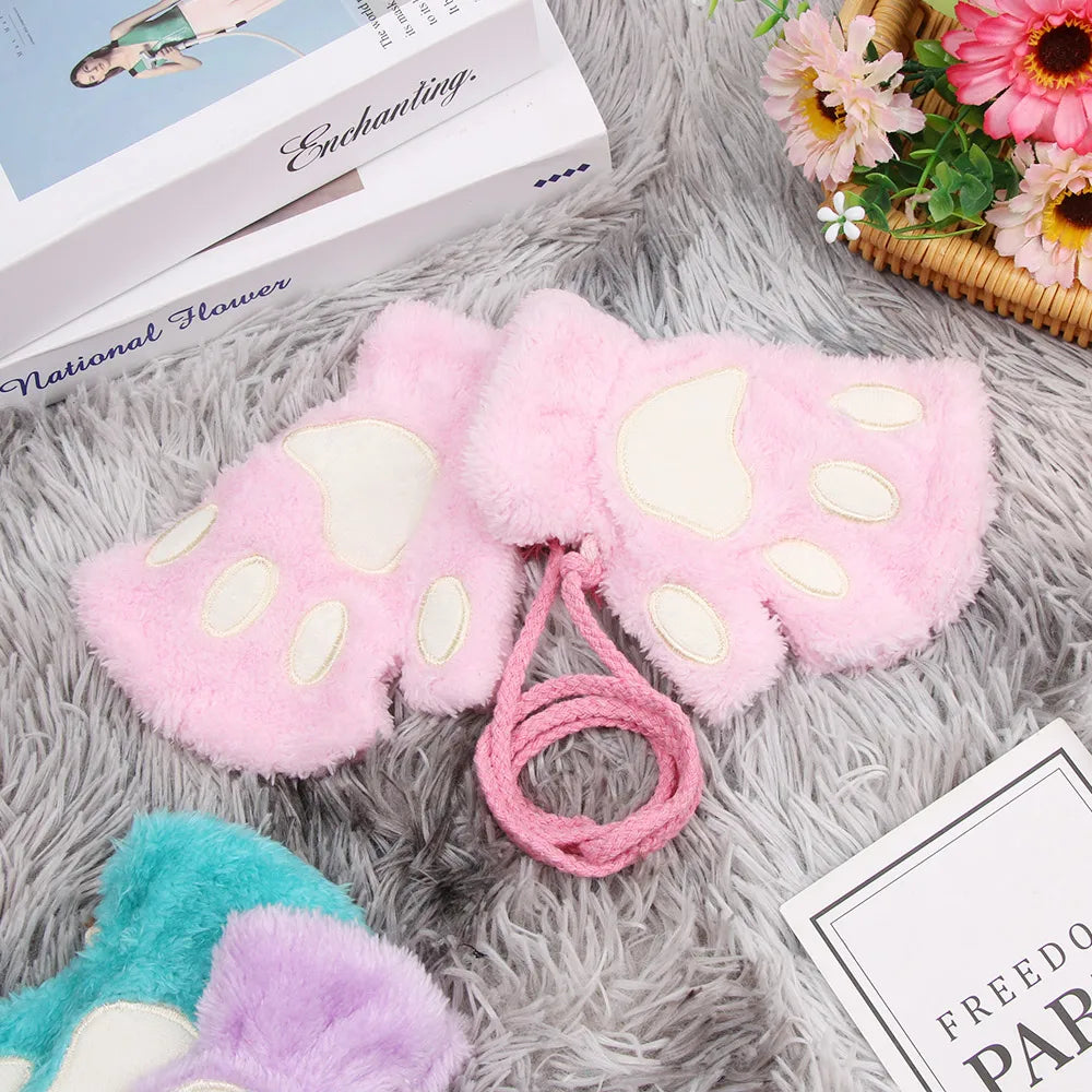 Cute Children Winter Gloves Warm Plush Fluffy Mittens Cat Paw Short Fingerless Gloves Girls Warm Half Finger Gloves