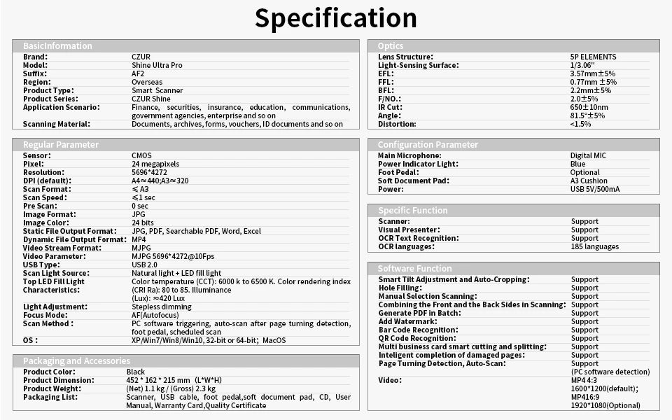 CZUR Shine Ultra Pro Book Scanner, 24MP Document Scanner, Portable USB Document Camera, Scan Max A3 Format w/ Adjustable Height