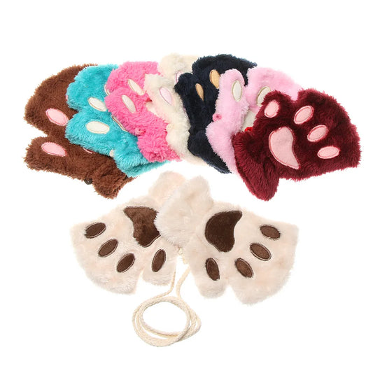 Cute Children Winter Gloves Warm Plush Fluffy Mittens Cat Paw Short Fingerless Gloves Girls Warm Half Finger Gloves
