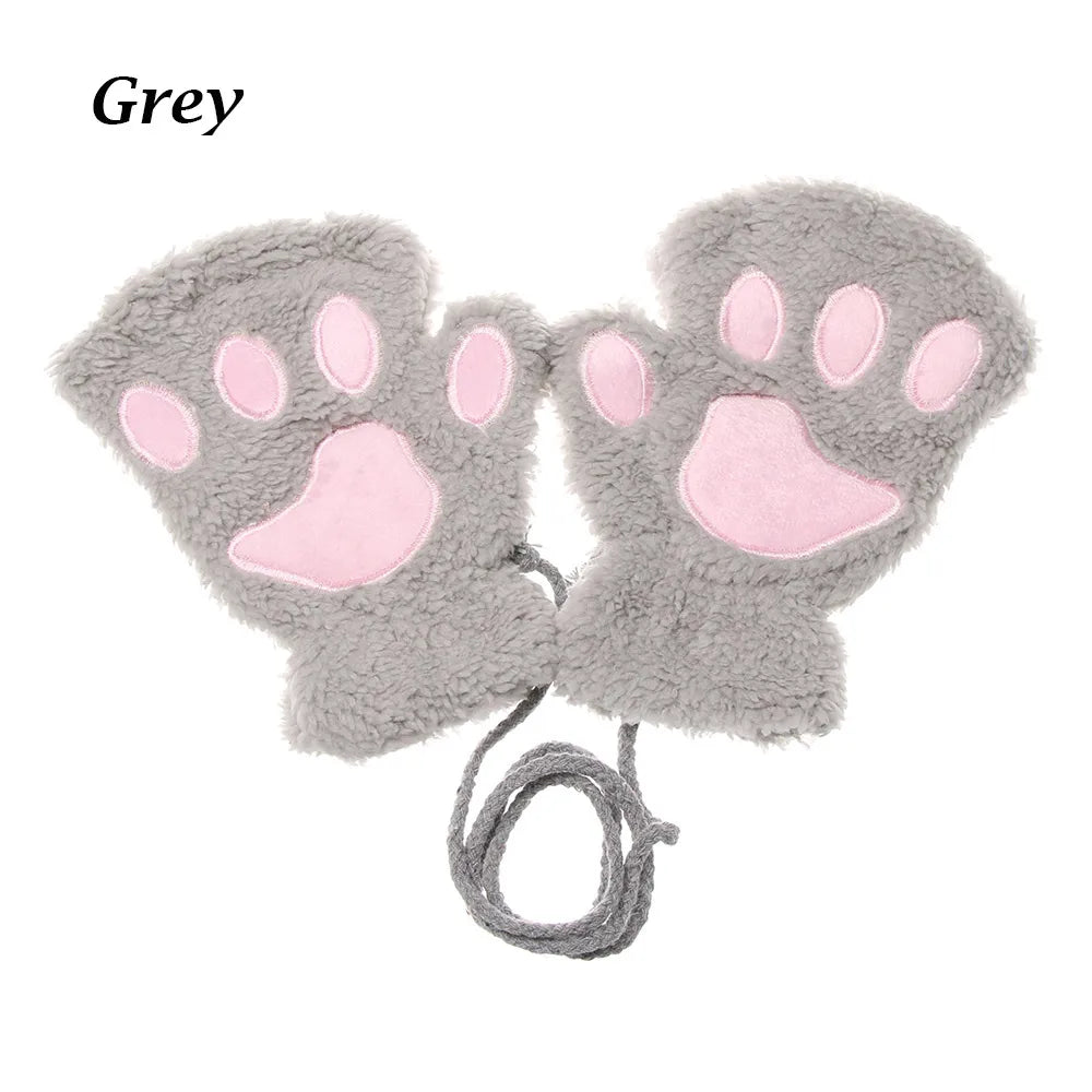 Cute Children Winter Gloves Warm Plush Fluffy Mittens Cat Paw Short Fingerless Gloves Girls Warm Half Finger Gloves