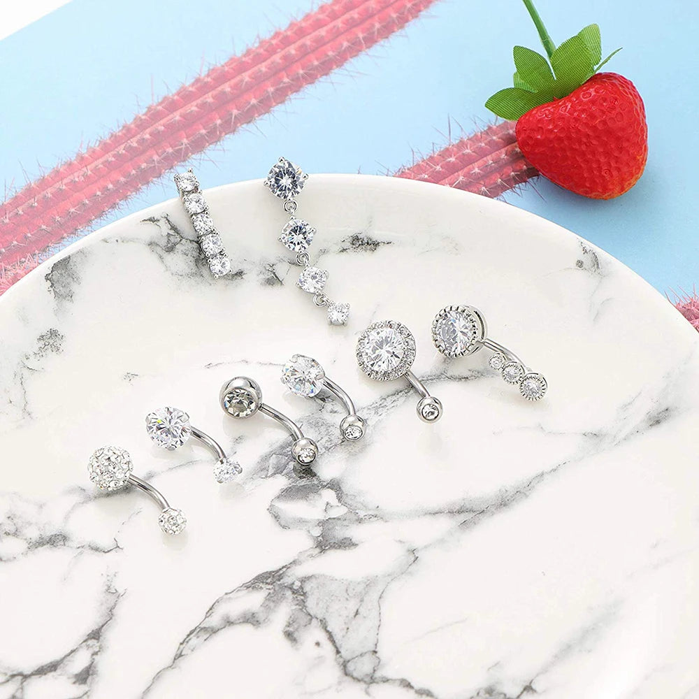 10 Styles Sexy Dangling Navel Belly Button Ring Oreja 14G Double Round Cubic Zirconia 316L Surgical Steel Belly Piercing Jewelry