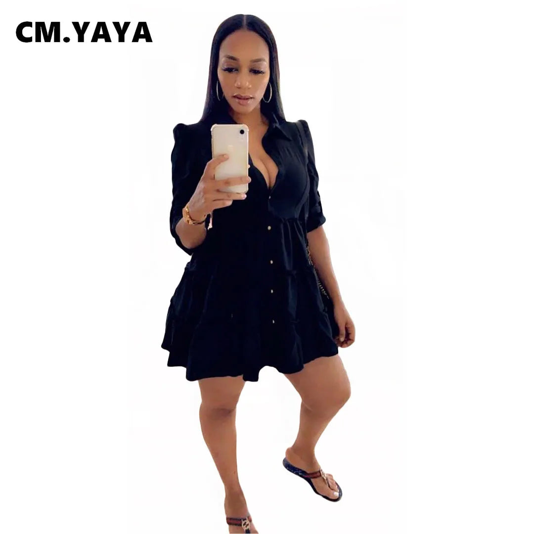 CM.YAYA Women Mini Dress Solid Half Sleeve Turn-down Collar Single Breasted Loose Dresses Office Lady Fashion Streetwear Summer