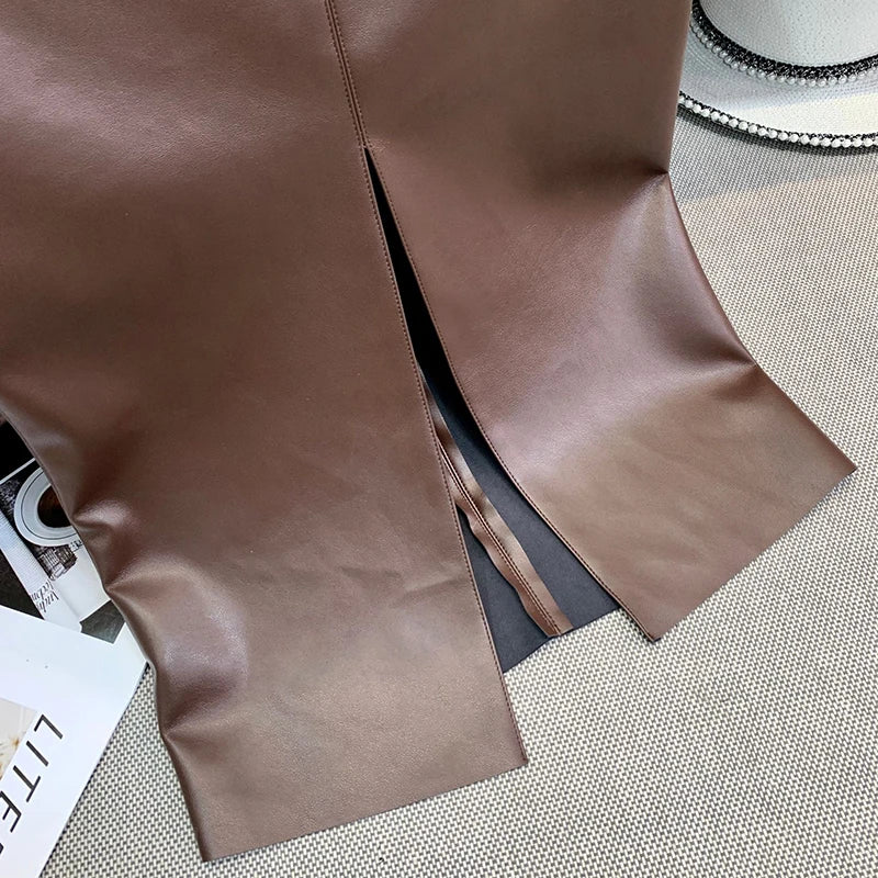 Vintage Faux PU Leather Hobble Skirts Women Sexy Bodycon Midi Skirts Hem Split Ladies Mermaid Skirt Party Clothes New Custom