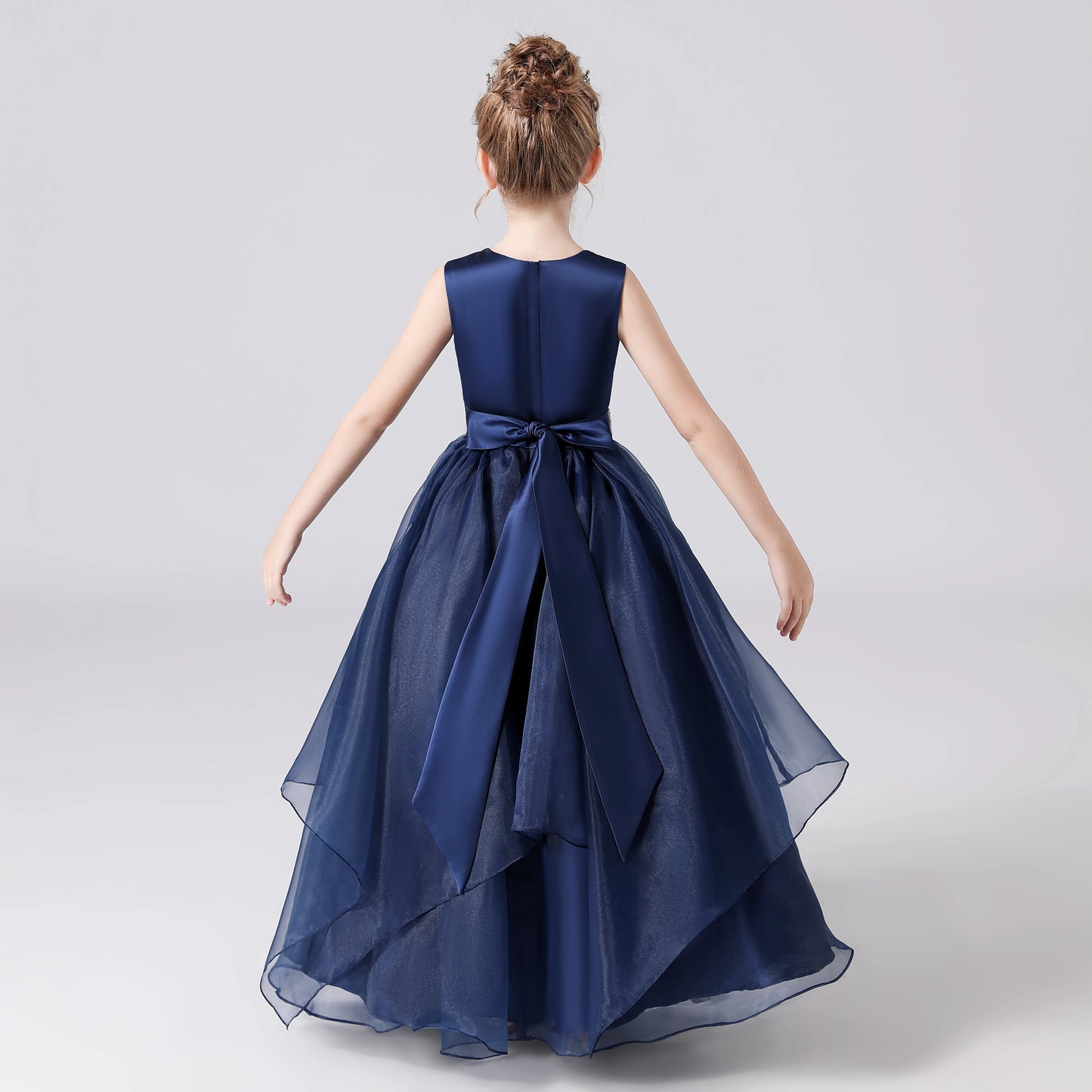 Dideyttawl Navy Blue Sashes Beaded Bow Tiered Flower Girls Dresses Organza Princess Formal Dresses Kids Birthday Party Gown
