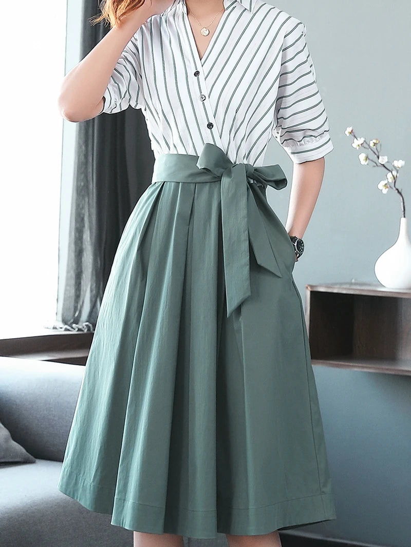 Striped Shirt Dress Women Elegant Office Ladies OL Midi Work Tunic Dress Korean Fashion Bow Sashes Bandage Big Swing Dresses New