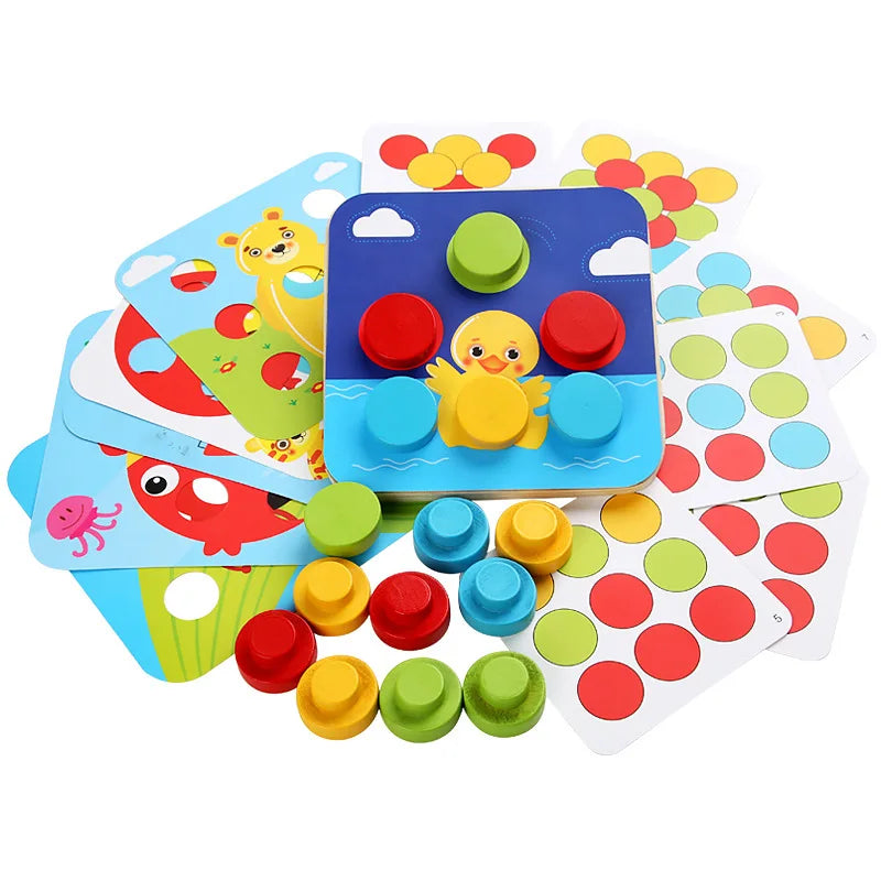 Mushroom Nail Art Puzzles Toy Kids Wooden Mosaic Pegboard Animal Color Matching Buttons Puzzles Game Montessori Educational Toys