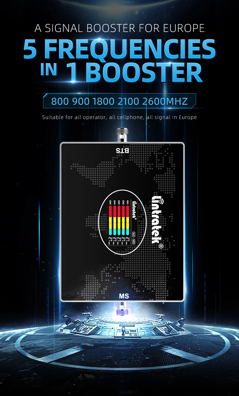 Lintratek 5 Five Band Repeater 800 900 1800 2100 2600 Mhz Cellular Amplifier GSM 2G 3G 4G Signal Booster LTE B7 B20 AGC Internet