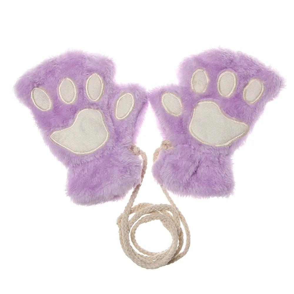 Cute Children Winter Gloves Warm Plush Fluffy Mittens Cat Paw Short Fingerless Gloves Girls Warm Half Finger Gloves