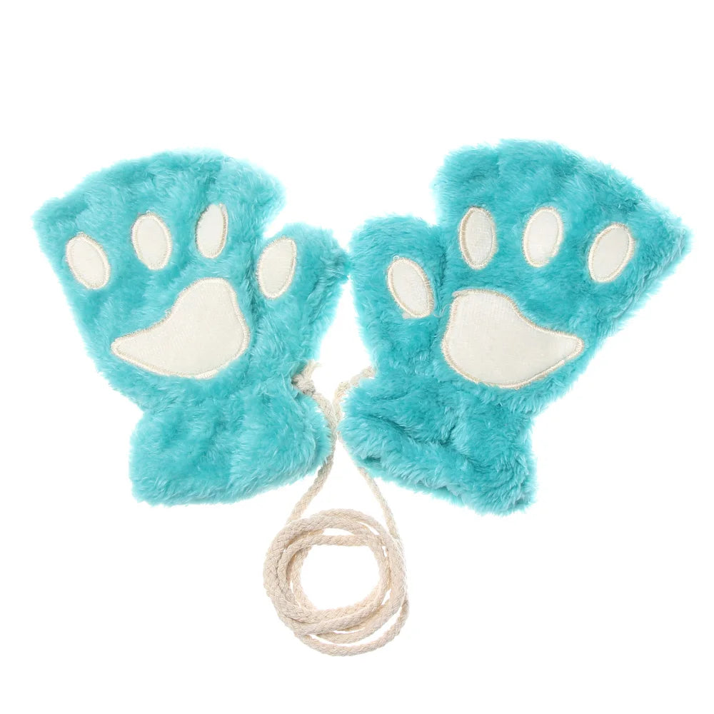 Cute Children Winter Gloves Warm Plush Fluffy Mittens Cat Paw Short Fingerless Gloves Girls Warm Half Finger Gloves