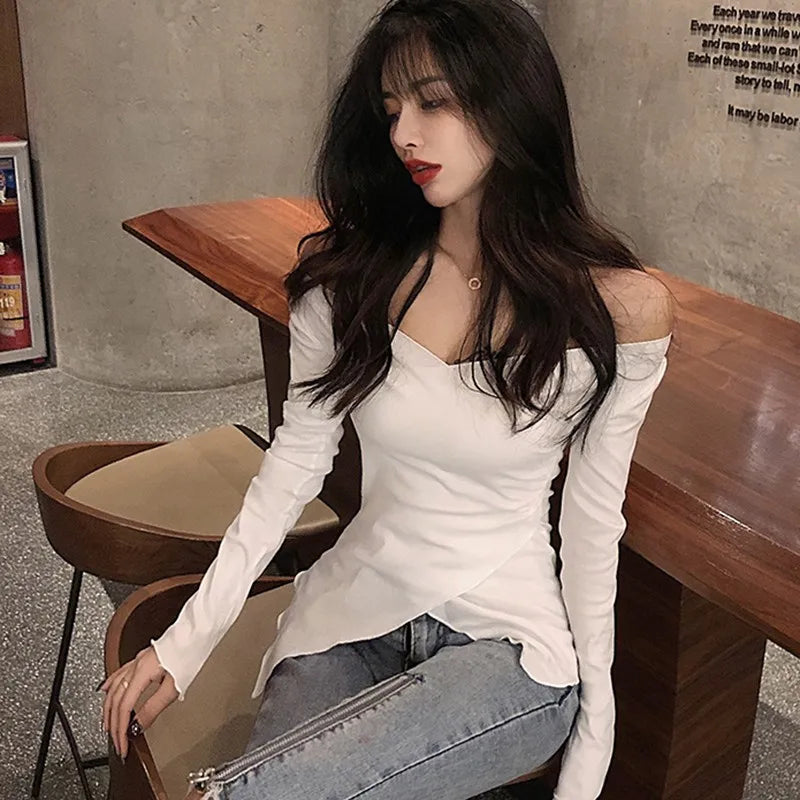 Autumn Women Sexy Slim V neck T-shirt Long Sleeve Solid Color Off Shoulder Korean Sweet Tee Tops Basic Tshirt
