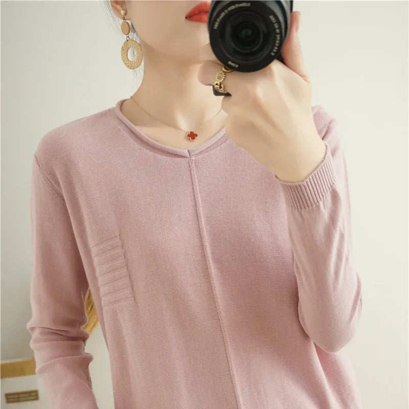 Autumn New Style 100% Pure Cotton Sweater Knitting Women's Bottoming Shirt Long-Sleeved Soft And Loose KoreanRound Neck Pullover