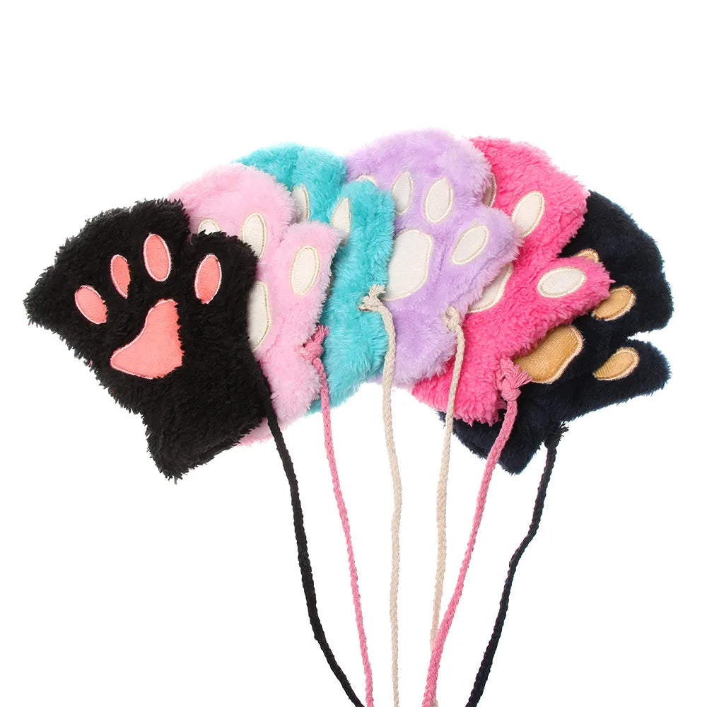 Cute Children Winter Gloves Warm Plush Fluffy Mittens Cat Paw Short Fingerless Gloves Girls Warm Half Finger Gloves