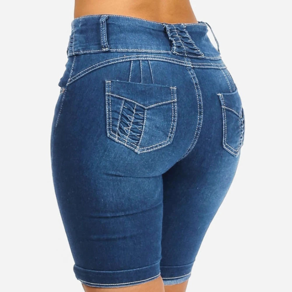 New Sexy Fashion Women Ladies Denim Skinny Shorts High Waist Stretch Bodycon Jeans Slim Shorts Knee Length Stretch Short Jeans