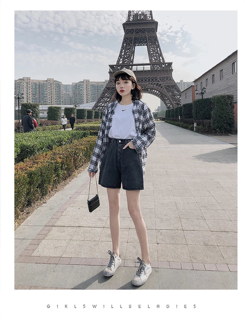 FTLZZ New Summer Women High Waist Button Wigh Leg Jeans Shorts Casual Female Loose Fit Blue Denim Shorts