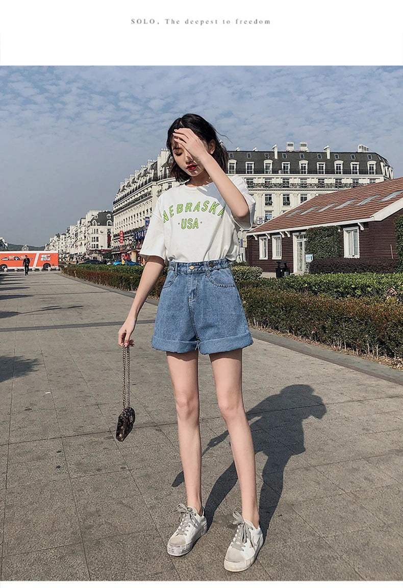 FTLZZ New Summer Women High Waist Button Wigh Leg Jeans Shorts Casual Female Loose Fit Blue Denim Shorts