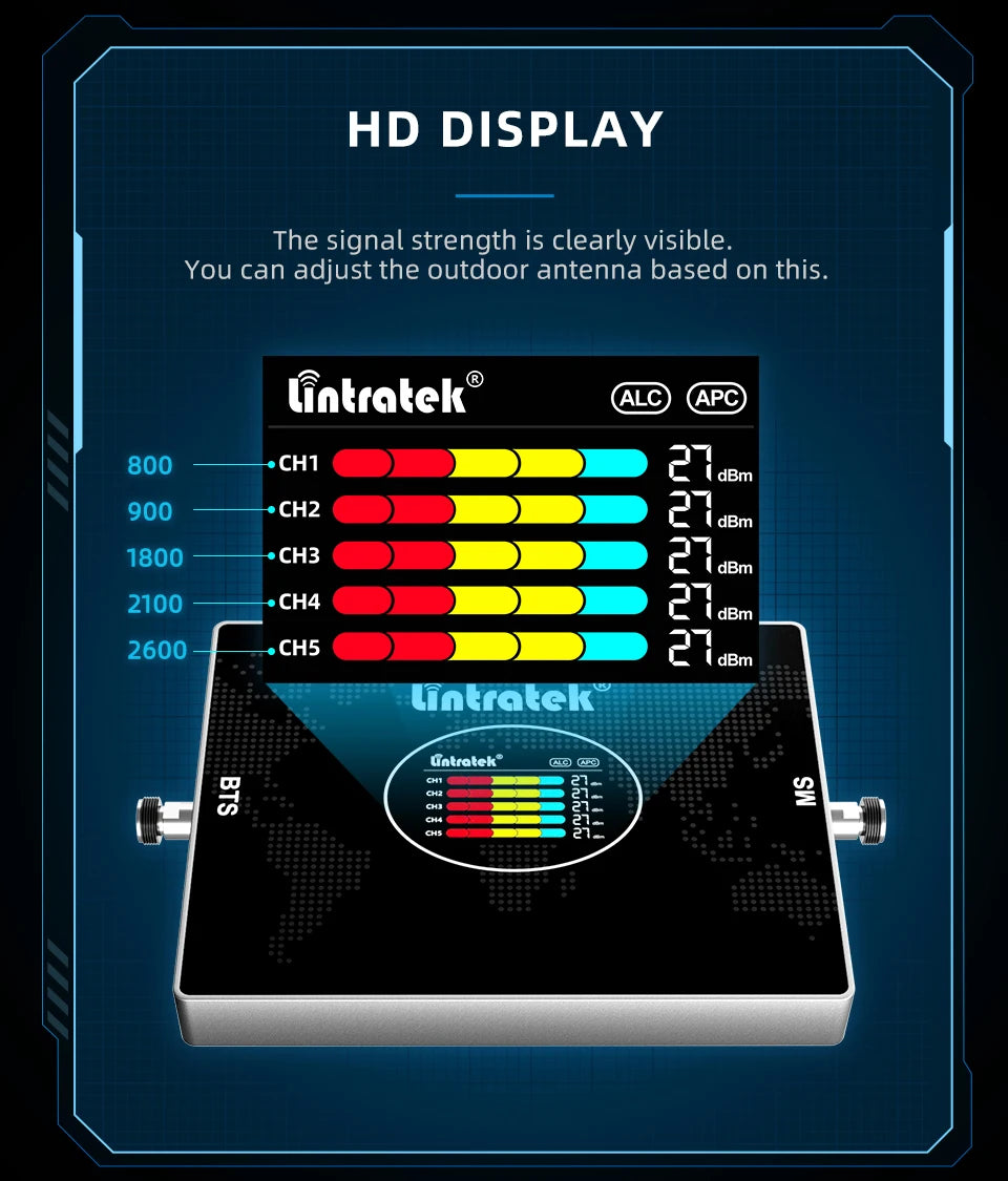Lintratek 5 Five Band Repeater 800 900 1800 2100 2600 Mhz Cellular Amplifier GSM 2G 3G 4G Signal Booster LTE B7 B20 AGC Internet