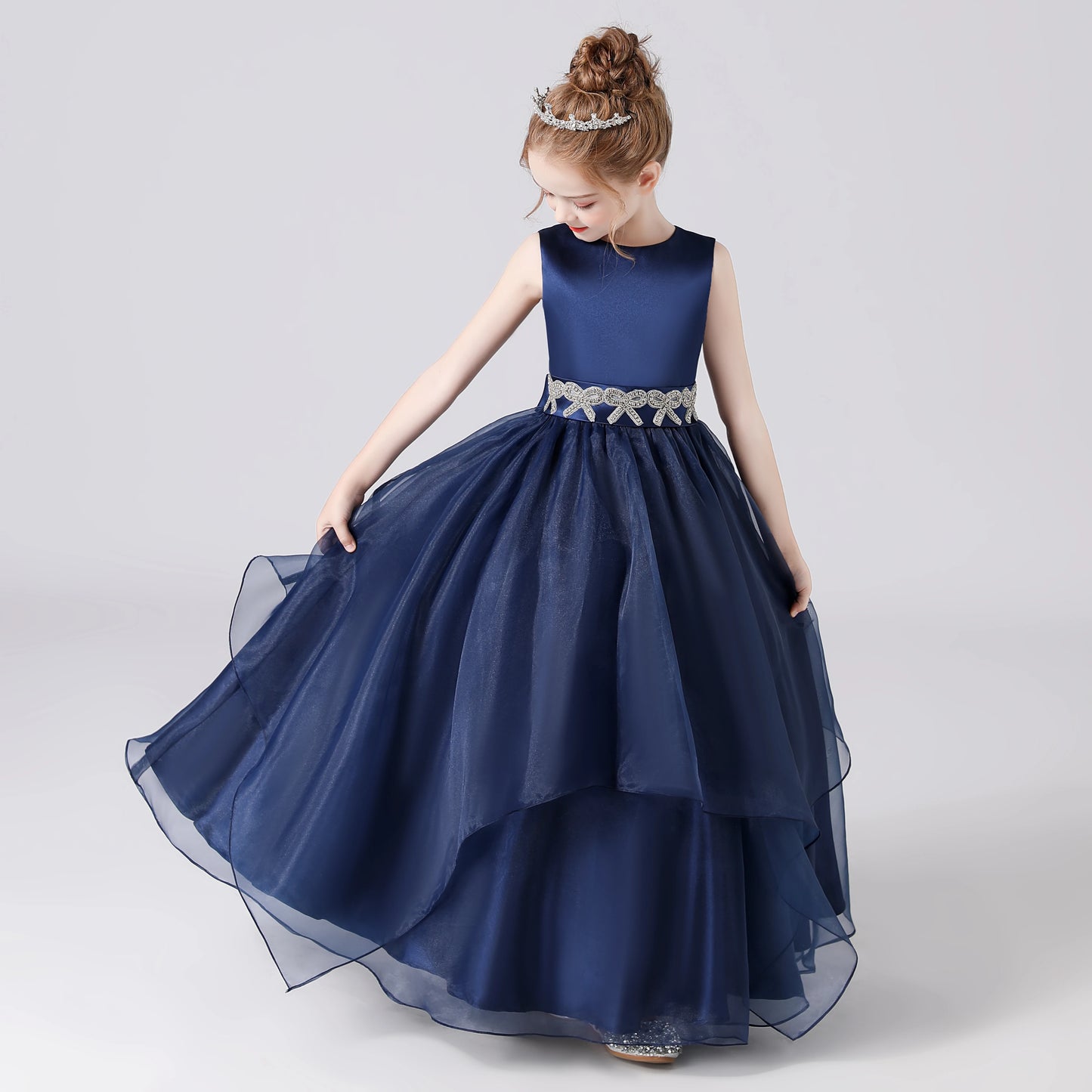 Dideyttawl Navy Blue Sashes Beaded Bow Tiered Flower Girls Dresses Organza Princess Formal Dresses Kids Birthday Party Gown