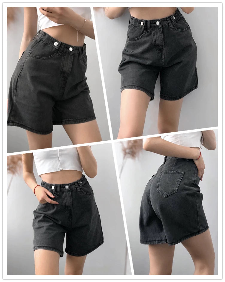 FTLZZ New Summer Women High Waist Button Wigh Leg Jeans Shorts Casual Female Loose Fit Blue Denim Shorts
