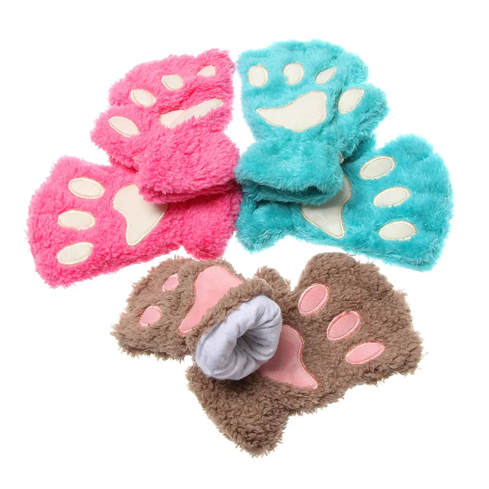 Cute Children Winter Gloves Warm Plush Fluffy Mittens Cat Paw Short Fingerless Gloves Girls Warm Half Finger Gloves