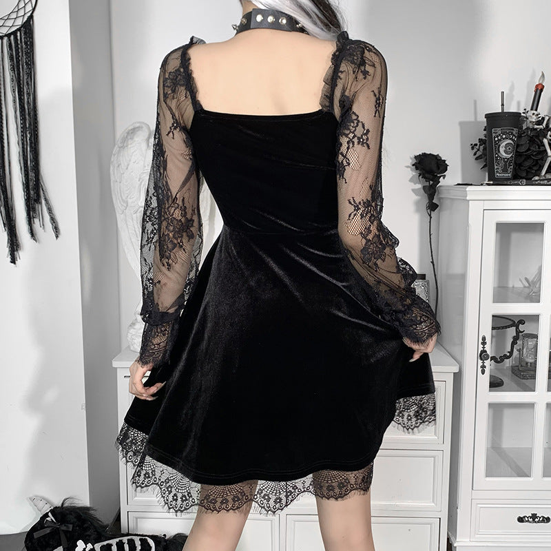 Mall Gothic Emo Jacquard A-line Dresses Goth dress Elegant Grunge Ruched Bandage Partywear Punk Black Women Halloween Club Dress