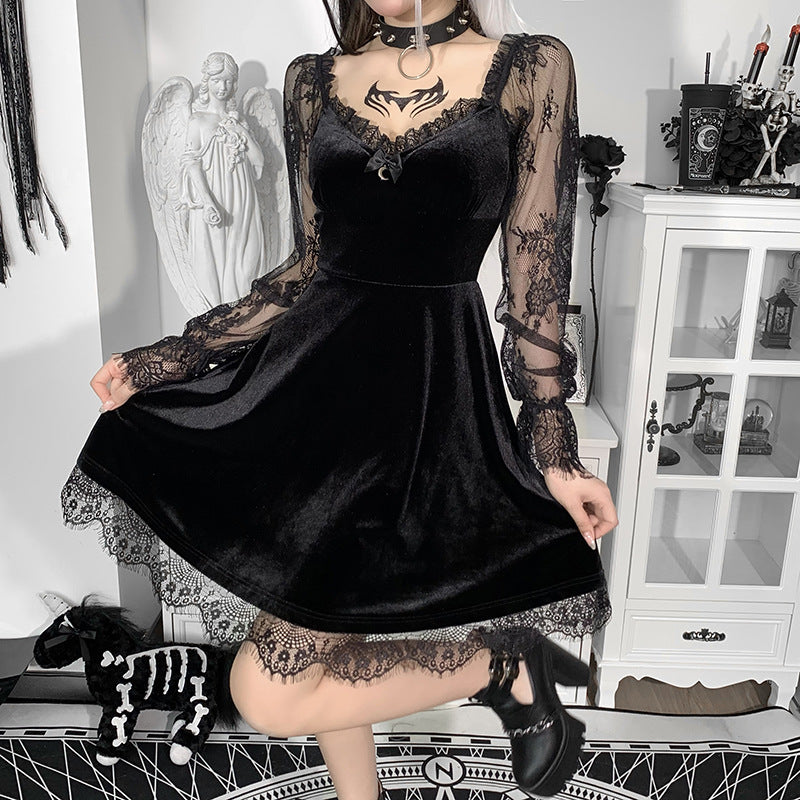 Mall Gothic Emo Jacquard A-line Dresses Goth dress Elegant Grunge Ruched Bandage Partywear Punk Black Women Halloween Club Dress