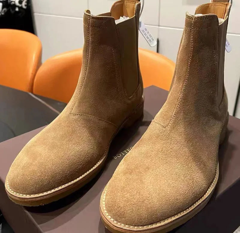 Brown Real Leather Elastic band Slip On Chelsea Boots Low Heels Men's Party Shoes Heel 3cm Wedding Botas