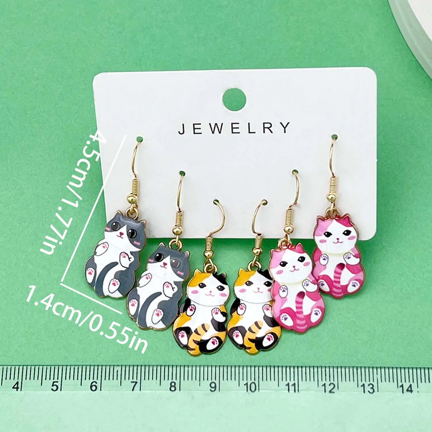 3 Pairs/Set Fashionable Enamel Cartoon Cute Cat Design Earrings, Jewelry Gifts For Women And Girls