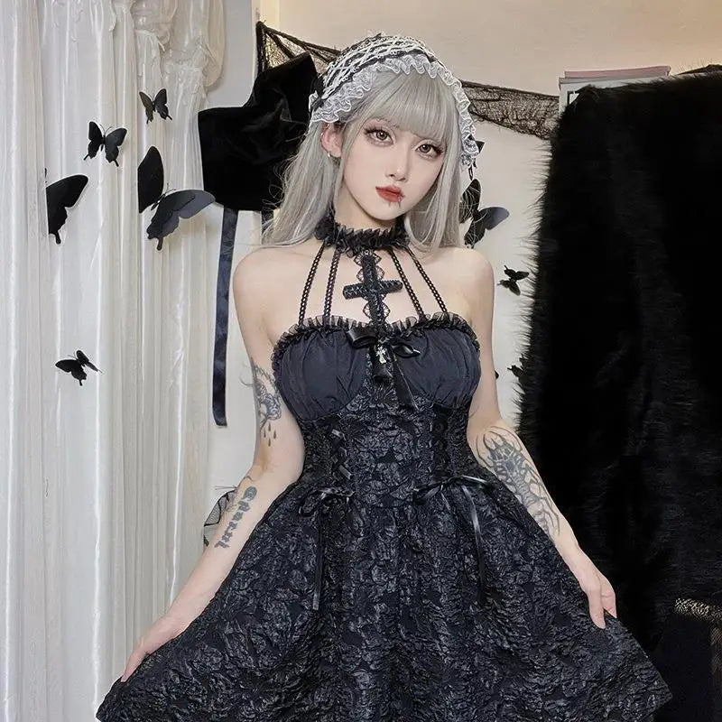 Mall Gothic Emo Jacquard A-line Dresses Goth dress Elegant Grunge Ruched Bandage Partywear Punk Black Women Halloween Club Dress