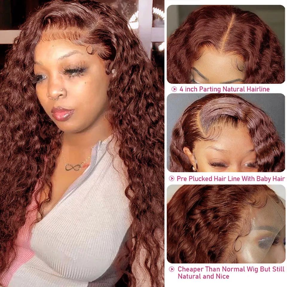 Reddish Brown Loose Deep Wave Lace Front Human Hair Wig For Women 200% Density Brazilian Remy Hair Transparent Lace Frontal Wigs