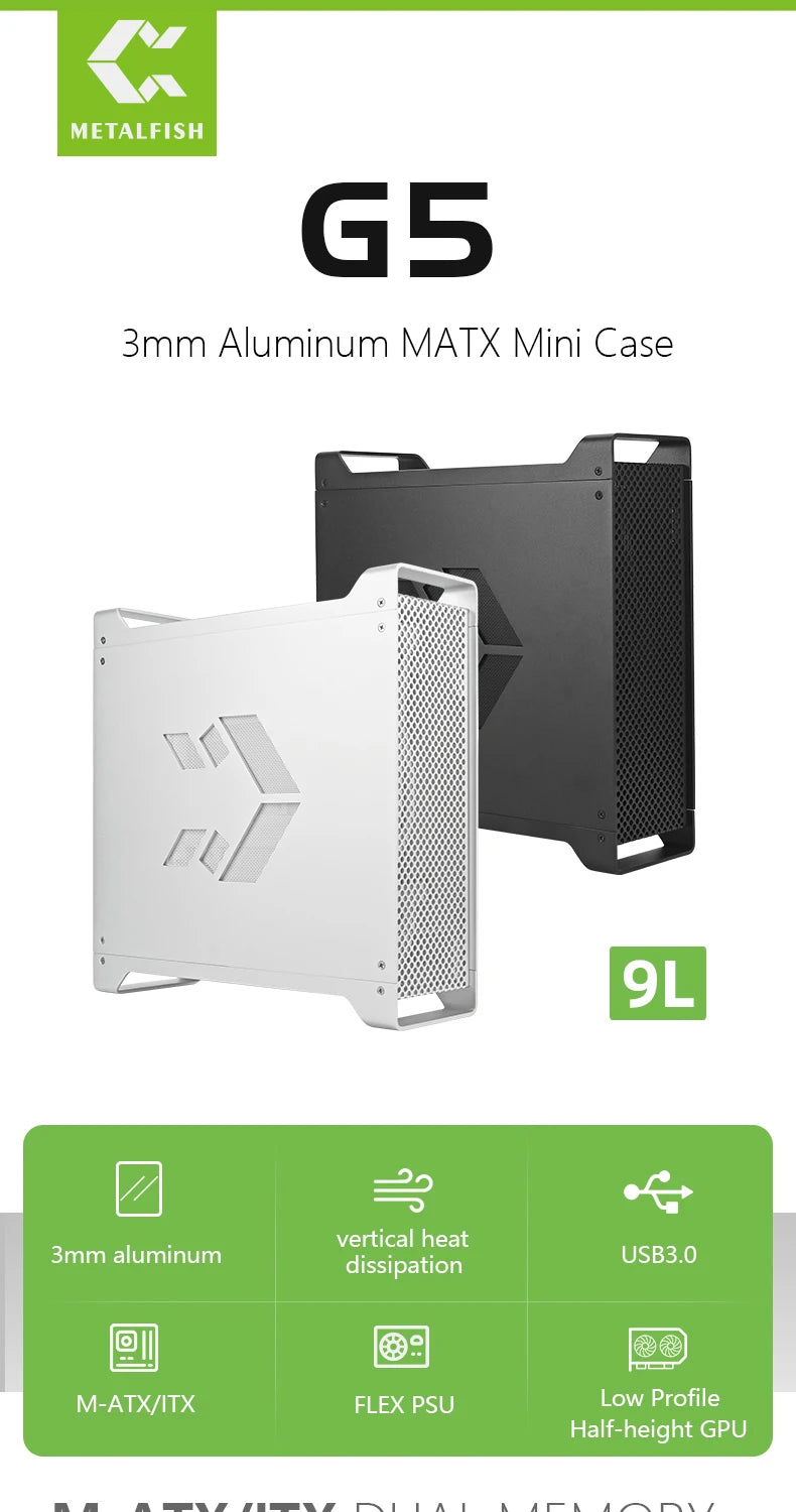METALFISH G5 Computer Case PC Gamer Micro ATX HTPC Case Desktop Gaming All-aluminum Slim Chassis Supports Knife Card FLEX Power
