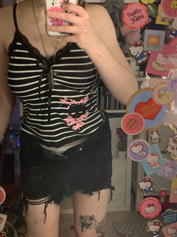 Gothic Lace Women Sleeveless Suspender Vintage Y2K Punk Hip Hop Streetwear Rock Stripe Pattern Emo Girl sexy Summer Baby T-Shirt