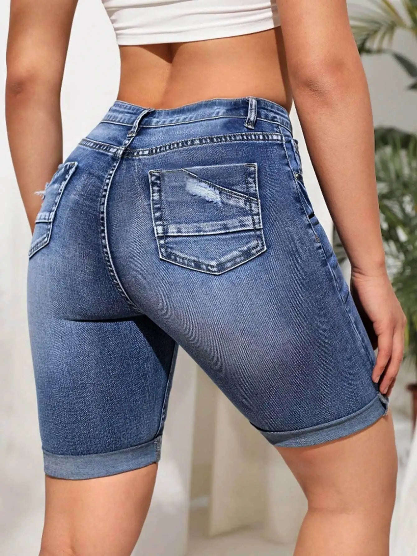 2025 Summer New Women's High Waist Curled Denim Shorts Fashion Casual High Elasticity Slim Knee Length Jeans Shorts