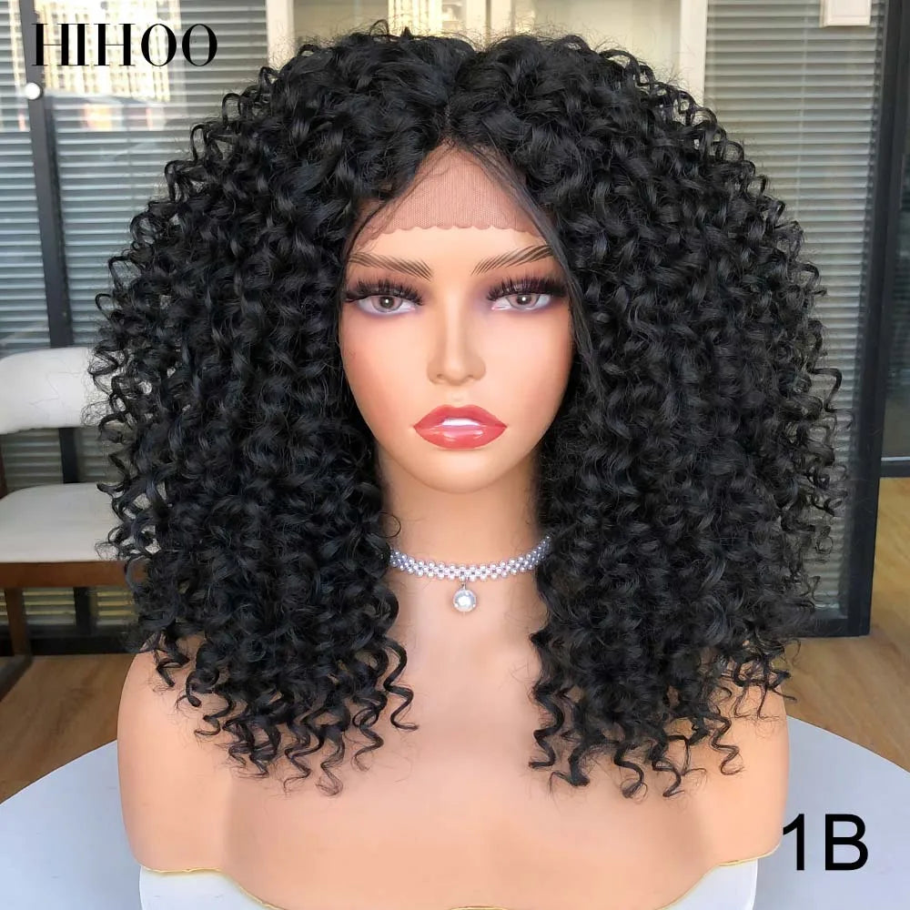 Short Bob Wig Lace Front Wigs for Women Afro Kinky Curly Wigs Ombre Brown Synthetic Middle Nature Hair Black Headgear with Clips
