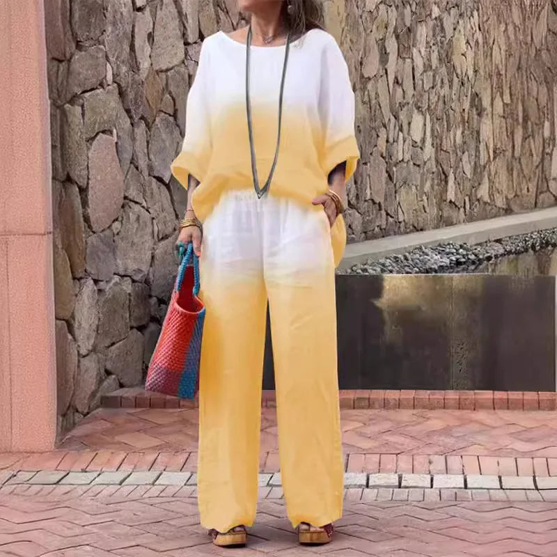 Gradient Cotton And Linen 2 Piece Sets Women Outfit For Women Summer Fashion Pocket Pant Sets Casual Loose Pullover Shirt Suit