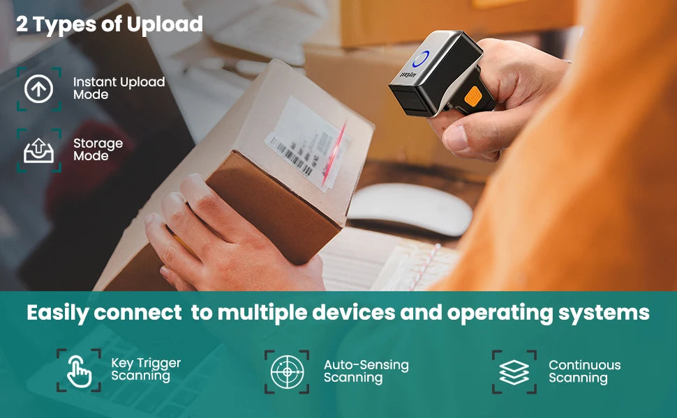 Wearable Mini 1D Ring Barcode Scanner 2.4G Wireless & Bluetooth & USB Wired 3-in-1 1D Code Reader Laser Bar Code Scanners